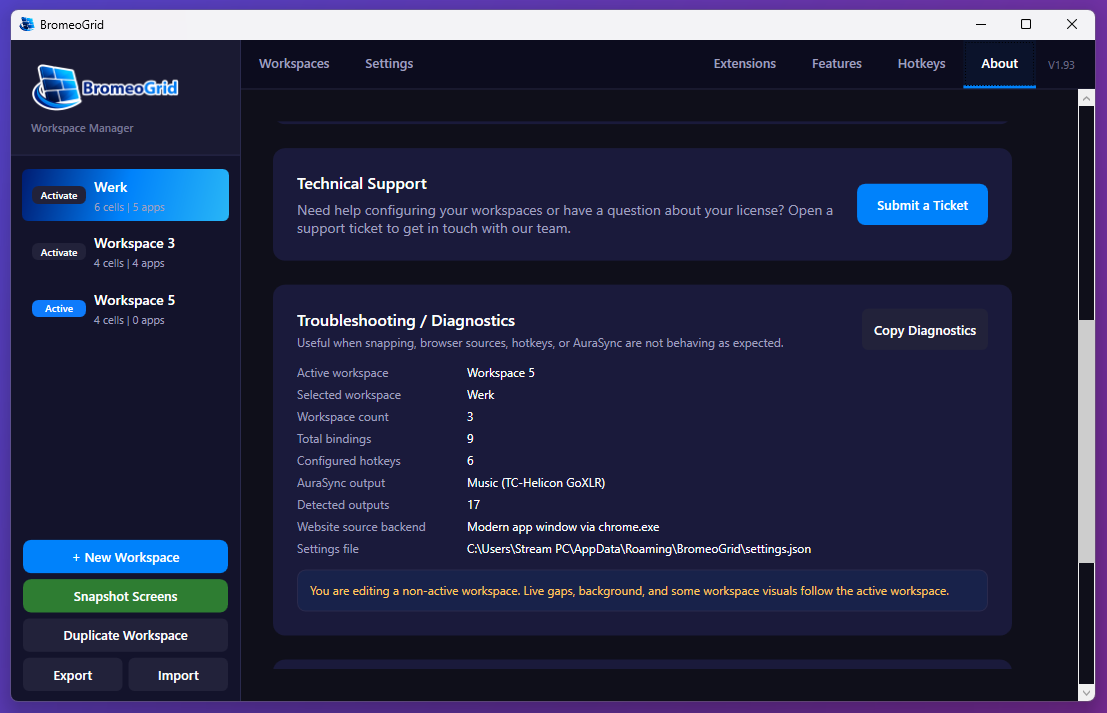 BromeoGrid diagnostics panel