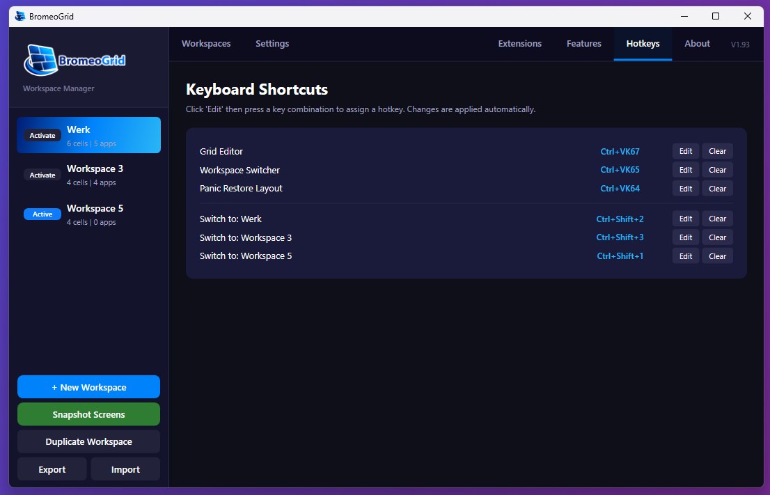 BromeoGrid hotkeys page