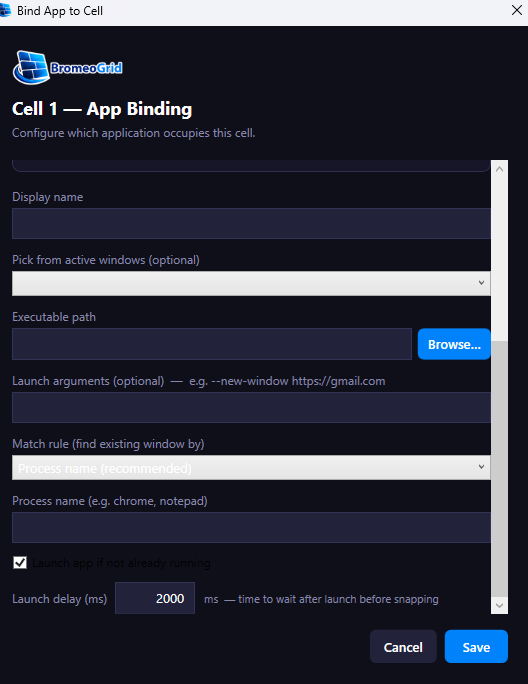 BromeoGrid app binding dialog
