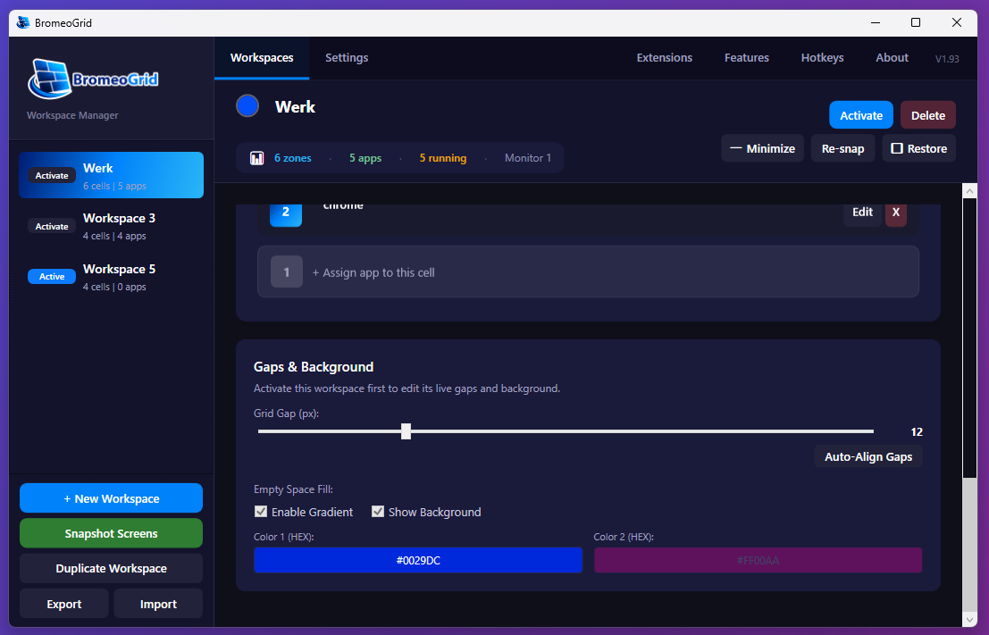 BromeoGrid gap and background settings