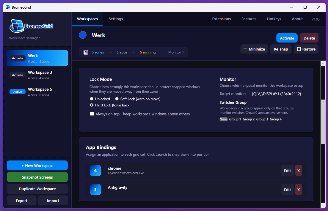 BromeoGrid hard lock settings