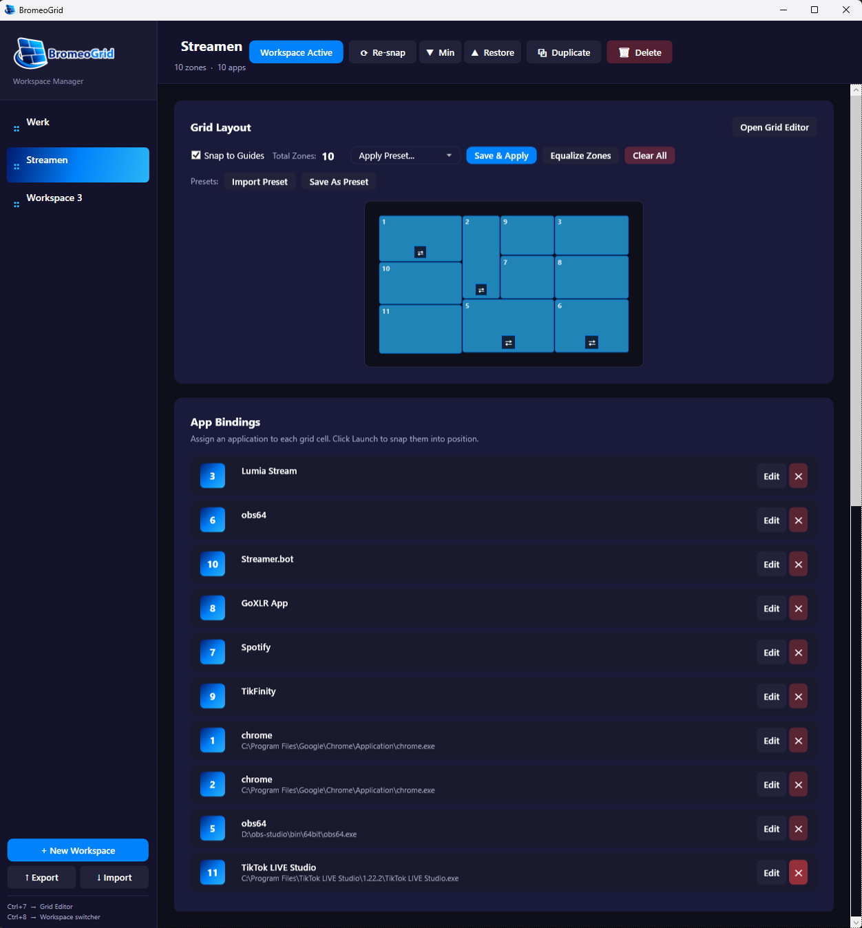 BromeoGrid streaming workspace settings