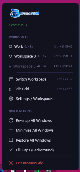 BromeoGrid taskbar menu