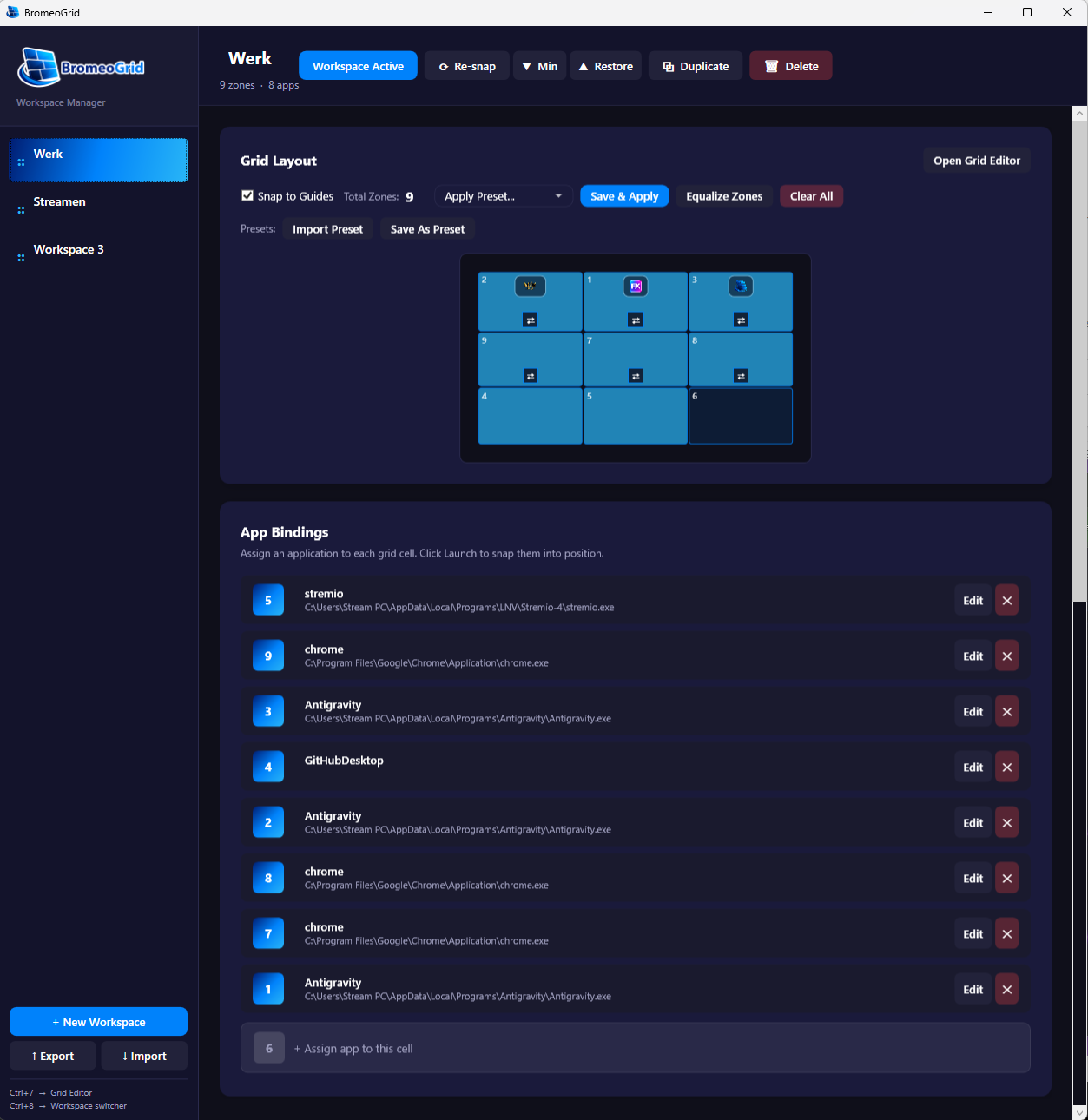BromeoGrid work workspace settings