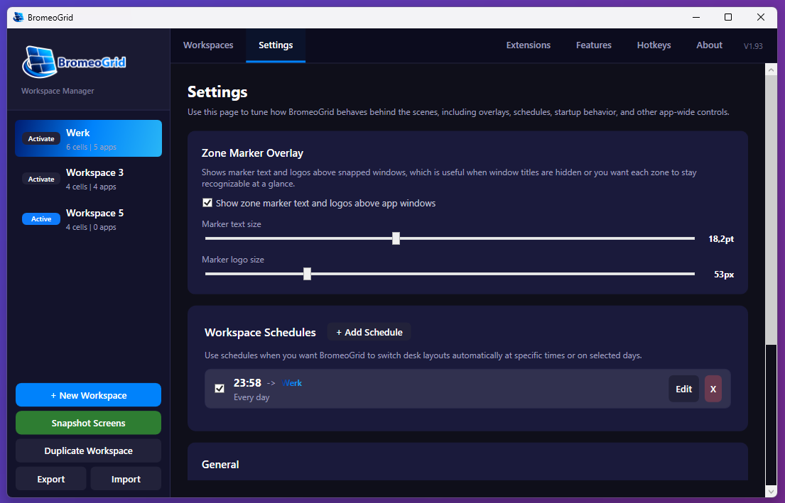 BromeoGrid zone marker overlay and workspace schedules